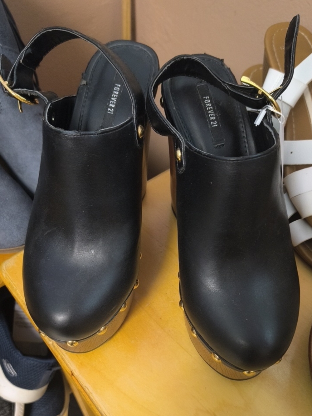 Forever 21 Black Studded Platform Clogs with Ankle Strap